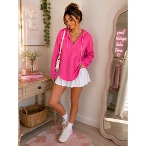 Anthropologie Pilcro Wharfside Hooded V-Neck Pink Curved Hem Hoodie XS